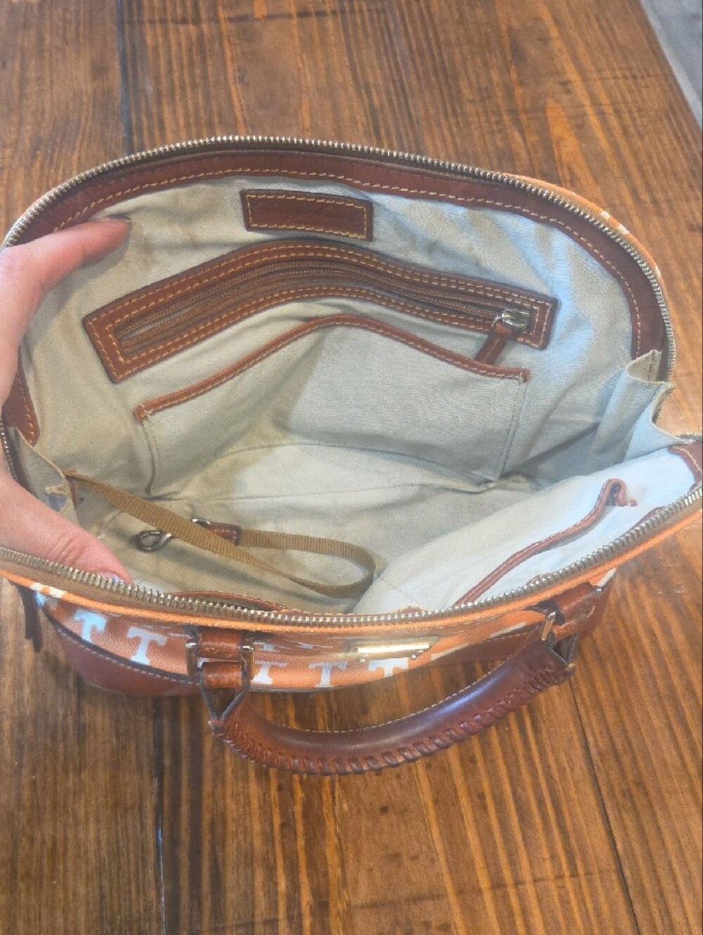 Dooney & Bourke Orange and White TENNESSEE Logo Satchel with Brown Trim - Picture 5 of 9
